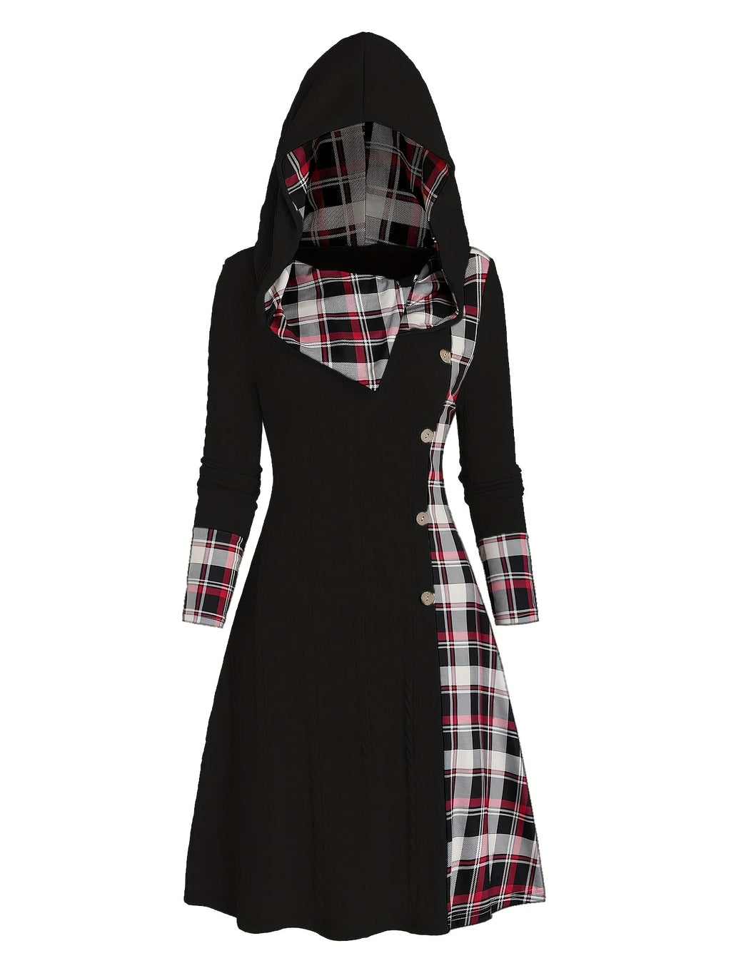 Knitted hooded dress plaid print stitching fake buckle high waist long sleeve A-line dress female