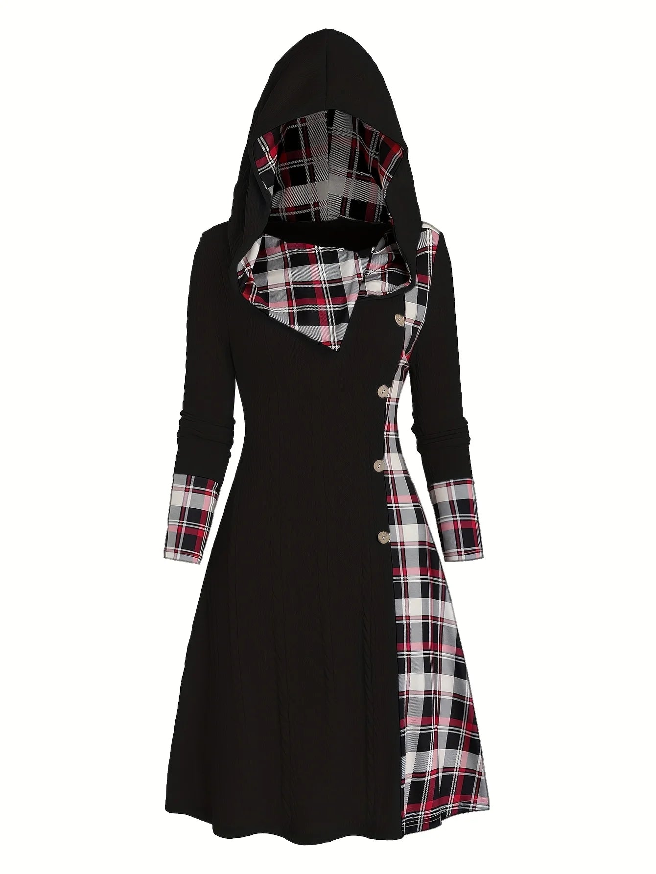 Knitted hooded dress plaid print stitching fake buckle high waist long sleeve A-line dress female