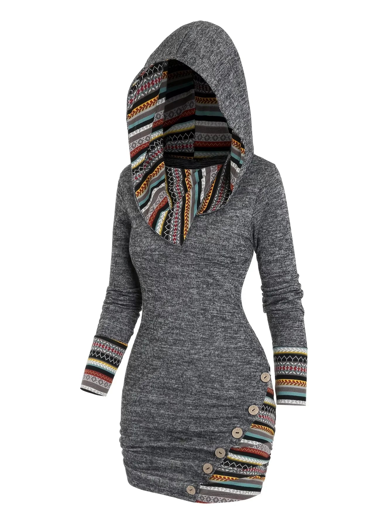 European and American explosions fashion women's ethnic style geometric stripe stitching hooded knitted long-sleeved tight dress