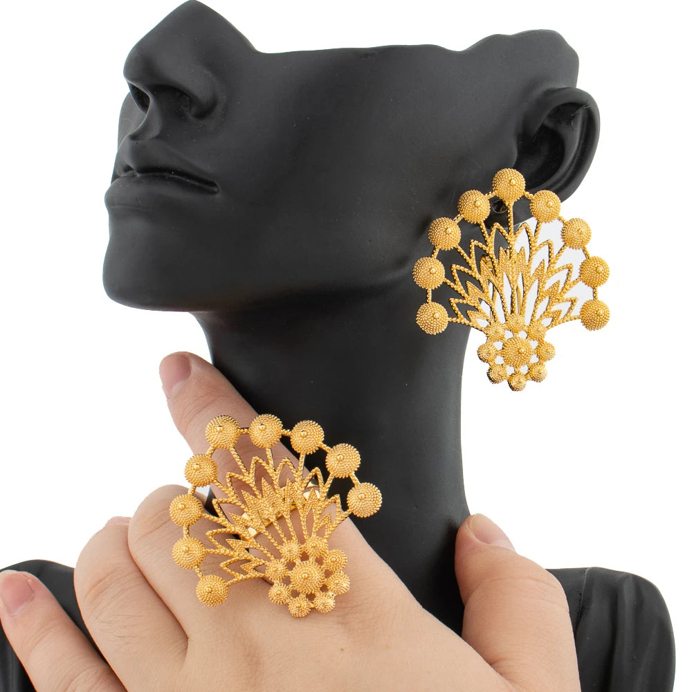 Earrings Jewelry Set for Women African 18k Gold Color Earrings with Ring Unusual Design Ear Accessories Girls Lover Daily Gifts