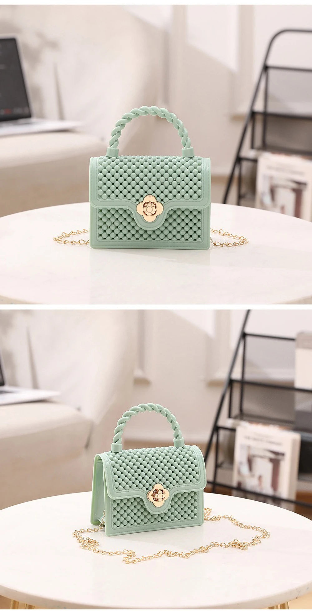 Trendy Red Jelly Shoulder Bag - Mini Fried Dough Twists Pattern Cute Handheld Purse with Metal Chain Strap for Women