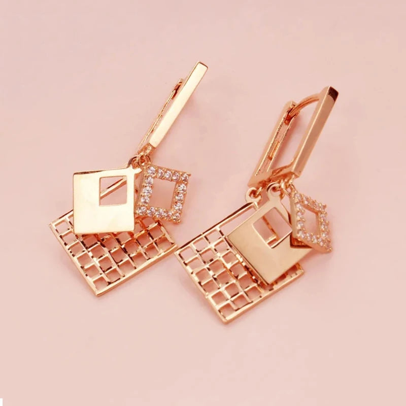 585 Purple Gold elegant luxurious square earrings for women plated 14K rose gold dazzling earings buckle wedding Jewelry