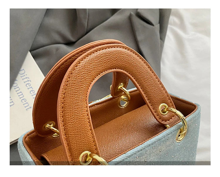Women's Diamond Denim Clotch Handbag Korean Chic Retro Mini Single Shoulder Crossbody Bags Elegant Luxury Party Square Clutch