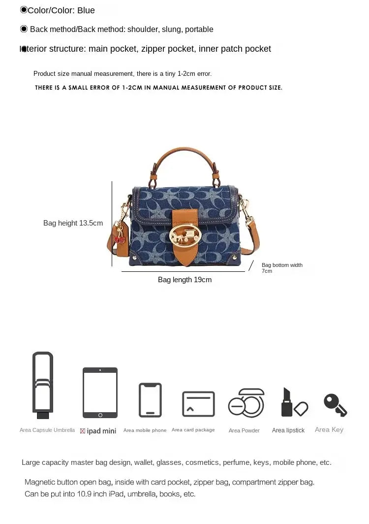 Ladies' handbag, light luxury retro denim canvas box bag, 2025 new high-end style, contrasting color single shoulder small squa