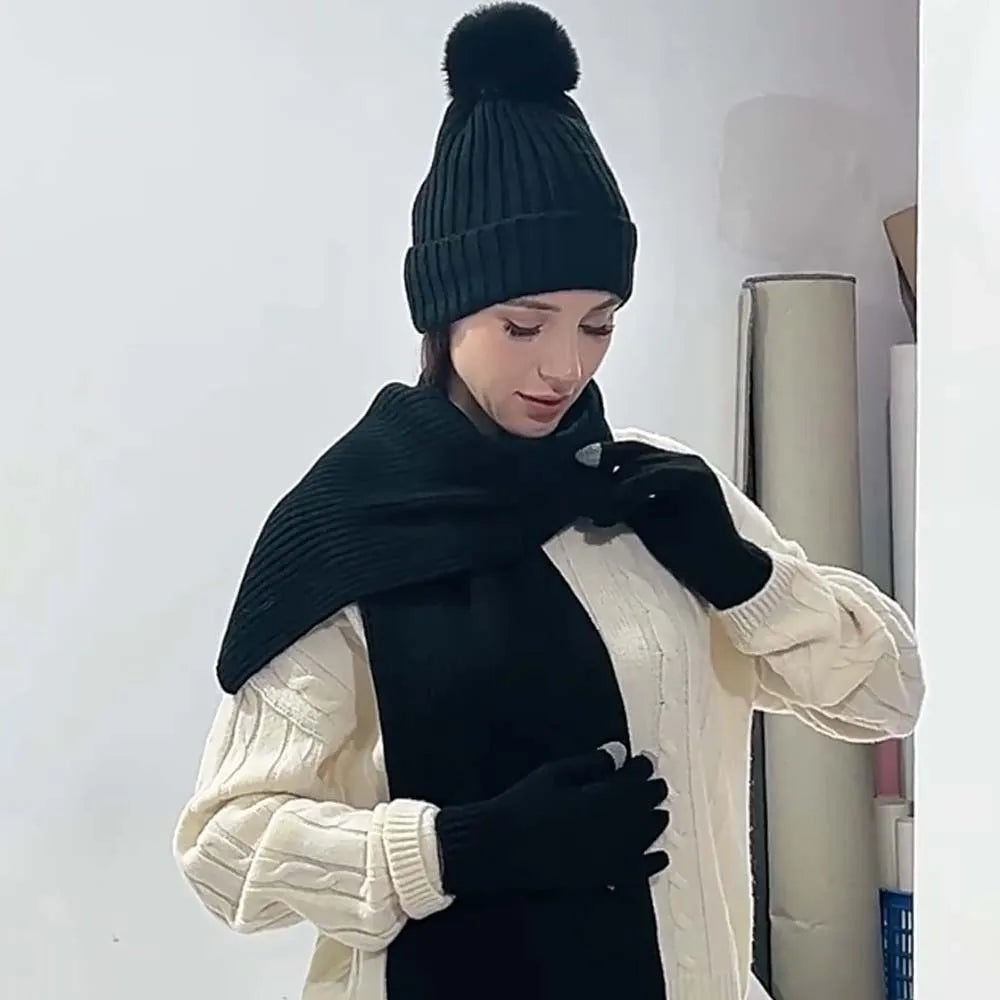 Beanies Cap Elastic Scarf and Hat Set Warmer Mittens Soft Cold Proof Gloves Acrylic Fibers Plush Ball Woolen Hat Daily