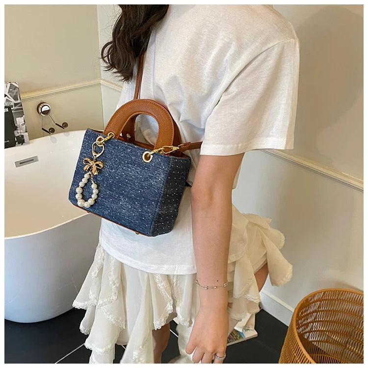 Women's Diamond Denim Clotch Handbag Korean Chic Retro Mini Single Shoulder Crossbody Bags Elegant Luxury Party Square Clutch