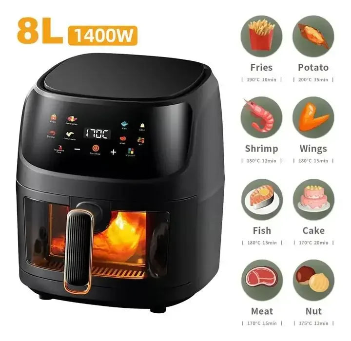 LCD screen Tactil Regulación Air Fryer 8L Large capacity Smart nonstick pot oil free fryer oven French fries roast chicken fryer