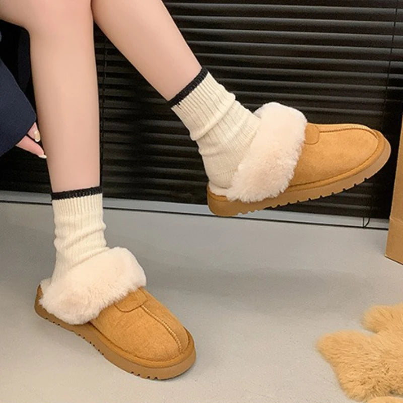 2025 New Furry Brand Designer Winter Fashion Round Toe Warm Women Ankle Boots Comfortable Shallow Slip-on Snow Boots Botas Mujer