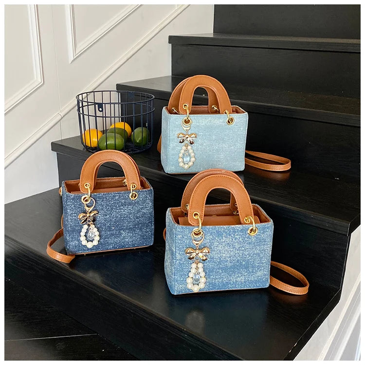 Women's Diamond Denim Clotch Handbag Korean Chic Retro Mini Single Shoulder Crossbody Bags Elegant Luxury Party Square Clutch