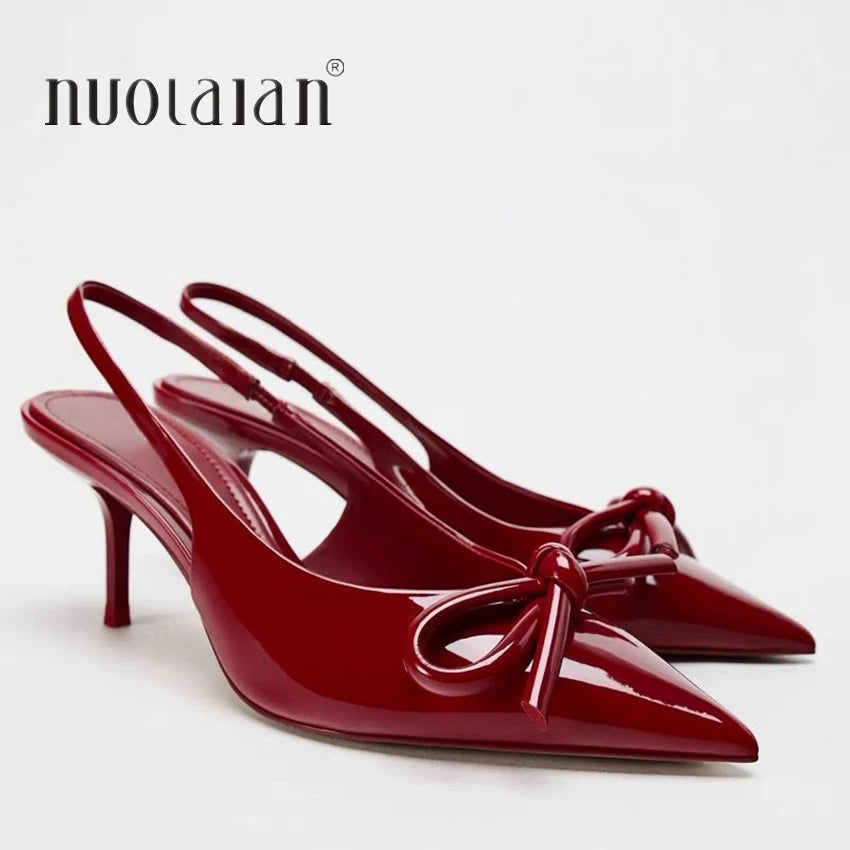 2025 New High Heels Women Weddings Bridal Shoes Bow Decoration Fashion Shallow Pointed Toe Elegant Slingbacks Ladies Pumps