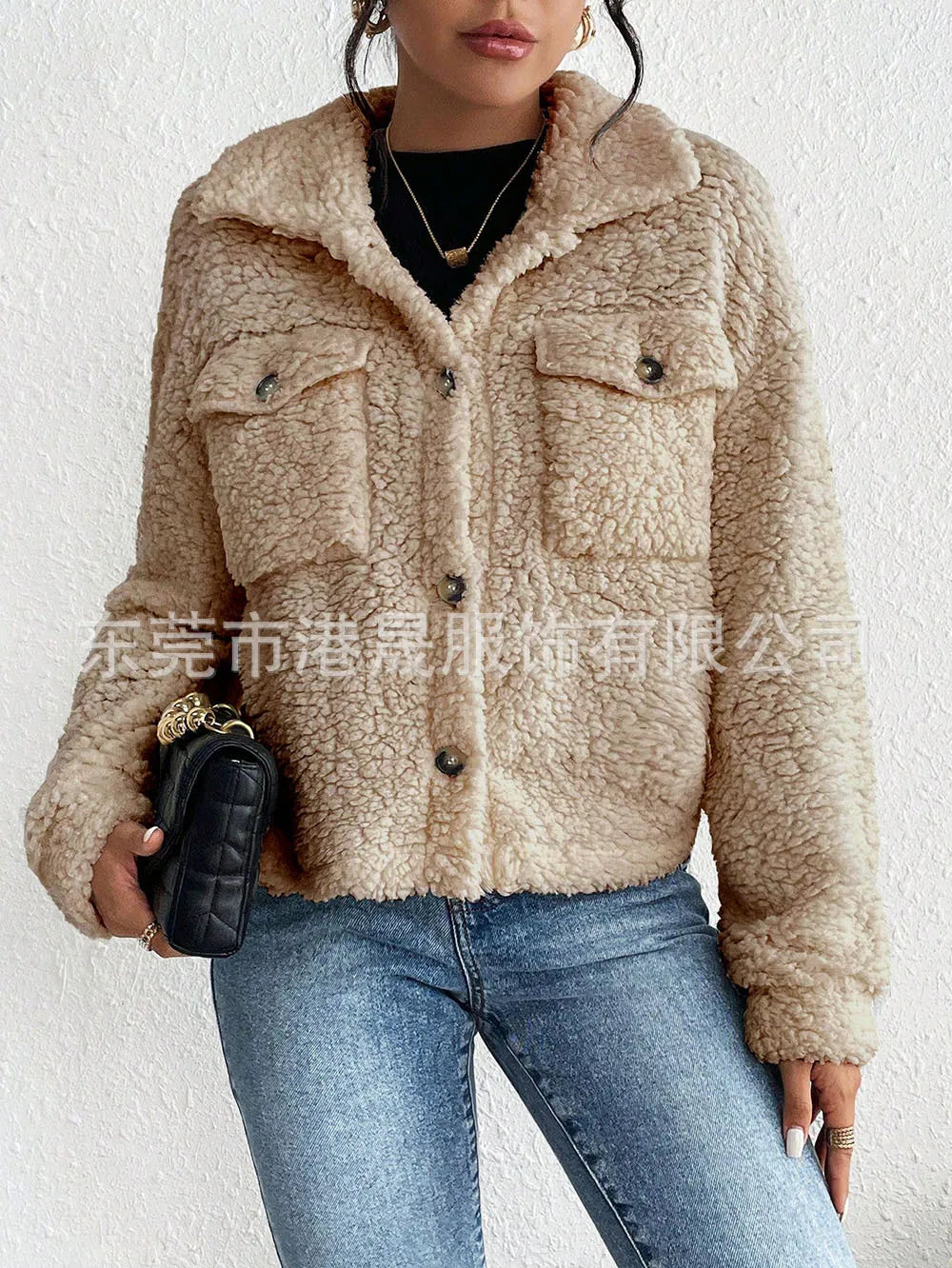 Casual Women's Coats Autumn And Winter Lapel Plush Jacket Short Women Jacket New Fashion White Pockets Tops Coat Streetwear