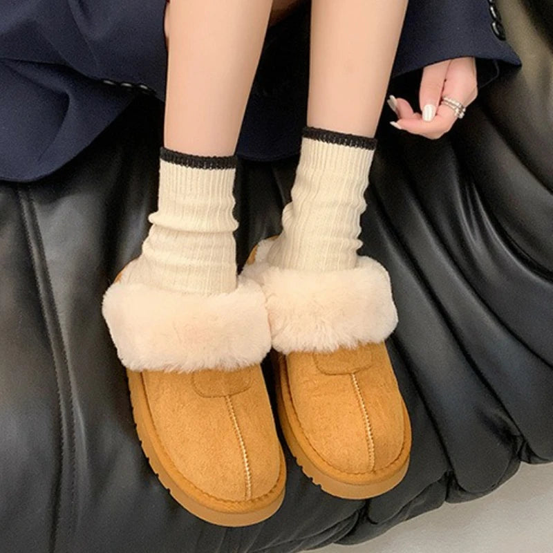 2025 New Furry Brand Designer Winter Fashion Round Toe Warm Women Ankle Boots Comfortable Shallow Slip-on Snow Boots Botas Mujer