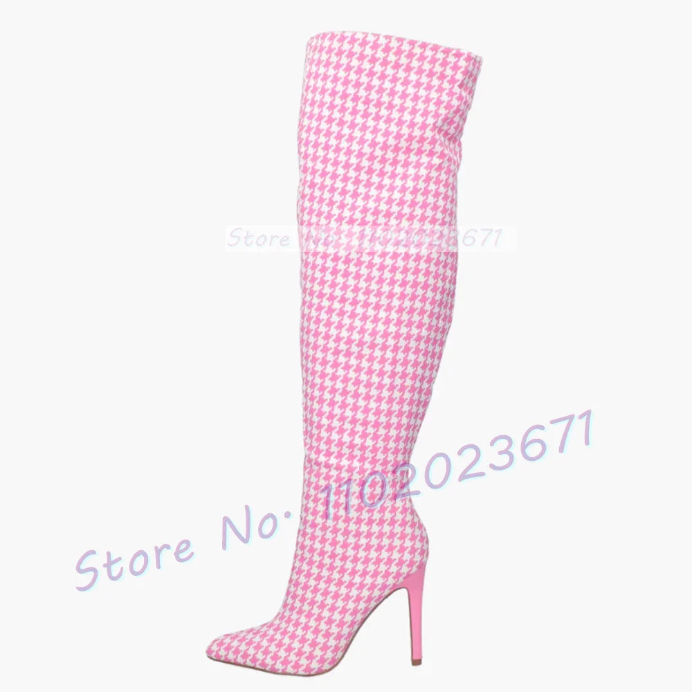 Pink Gingham Knee High Boots Women Trend High Class Print High Heels Shoes Ladies Side-zip Casual Fashion Pointy Winter Boots