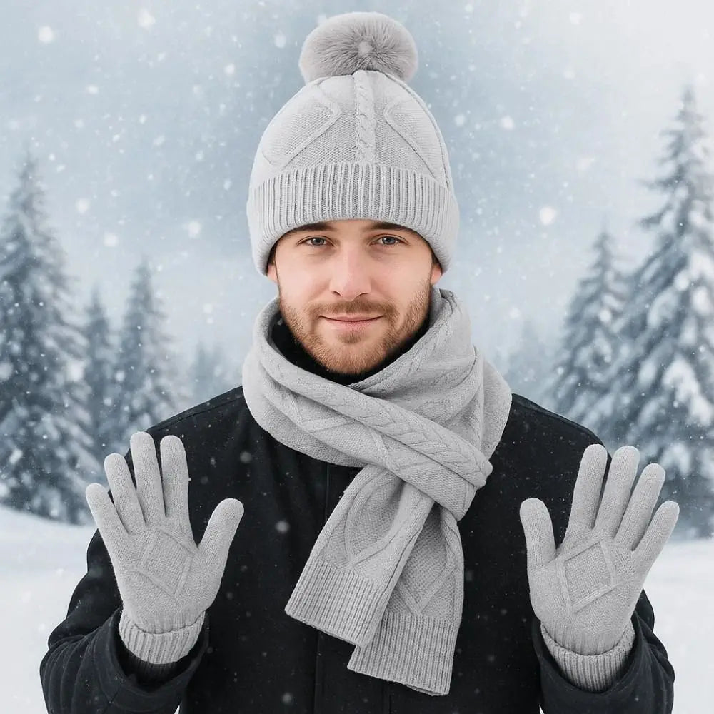 Beanies Cap Elastic Scarf and Hat Set Touch Screen Warm Cold Proof Gloves Ball Rhombus Patterned Knitted Scarf Women