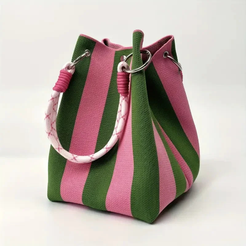 Korean Colorful Stripe Bucket Bag,Knitted Woven Women Tote Bag,Contrast Color Handbag,Versatile Simple Rope Knot Clutch Purse