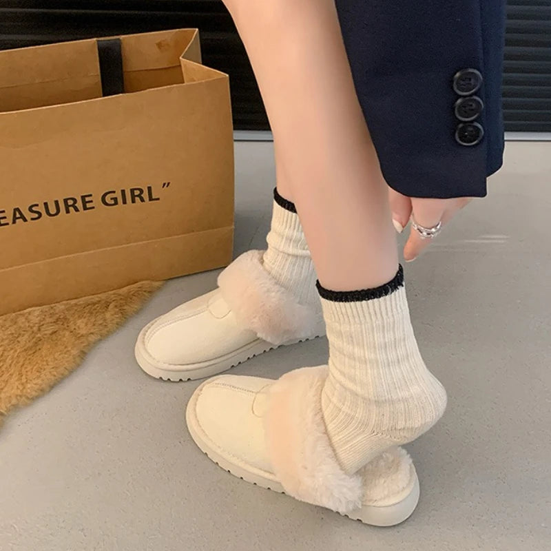 2025 New Furry Brand Designer Winter Fashion Round Toe Warm Women Ankle Boots Comfortable Shallow Slip-on Snow Boots Botas Mujer