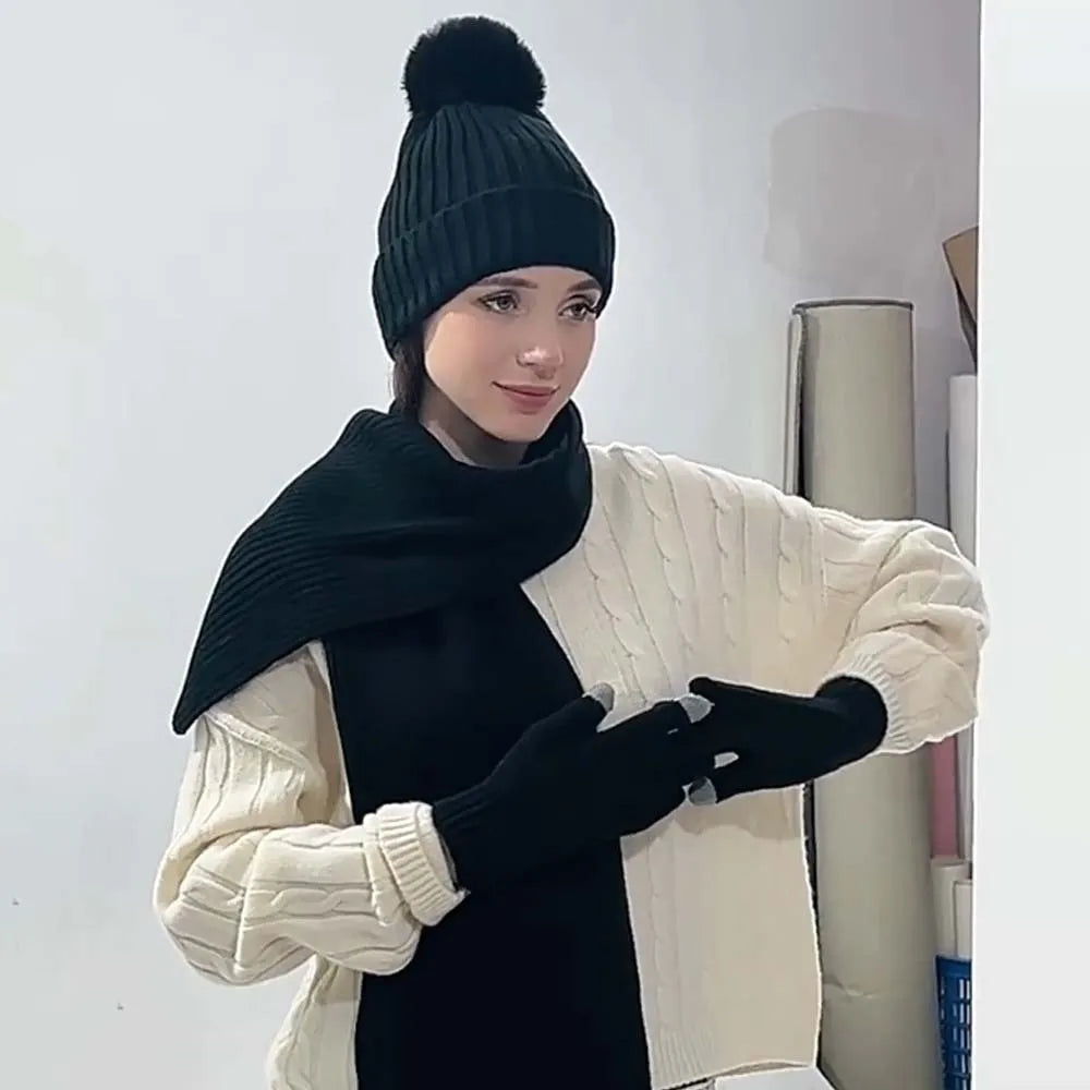 Beanies Cap Elastic Scarf and Hat Set Warmer Mittens Soft Cold Proof Gloves Acrylic Fibers Plush Ball Woolen Hat Daily