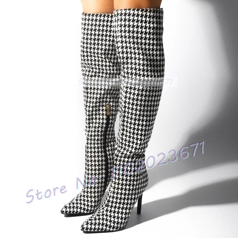 Pink Gingham Knee High Boots Women Trend High Class Print High Heels Shoes Ladies Side-zip Casual Fashion Pointy Winter Boots
