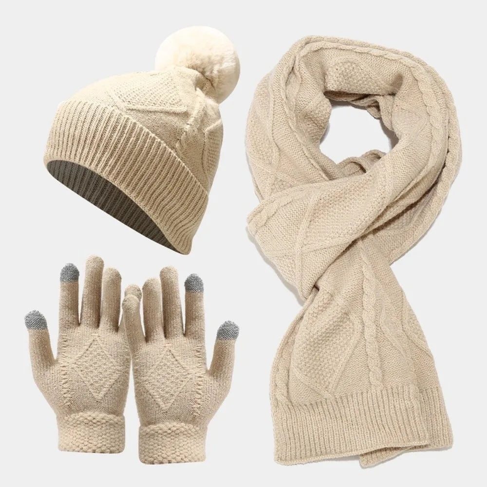 Beanies Cap Elastic Scarf and Hat Set Touch Screen Warm Cold Proof Gloves Ball Rhombus Patterned Knitted Scarf Women