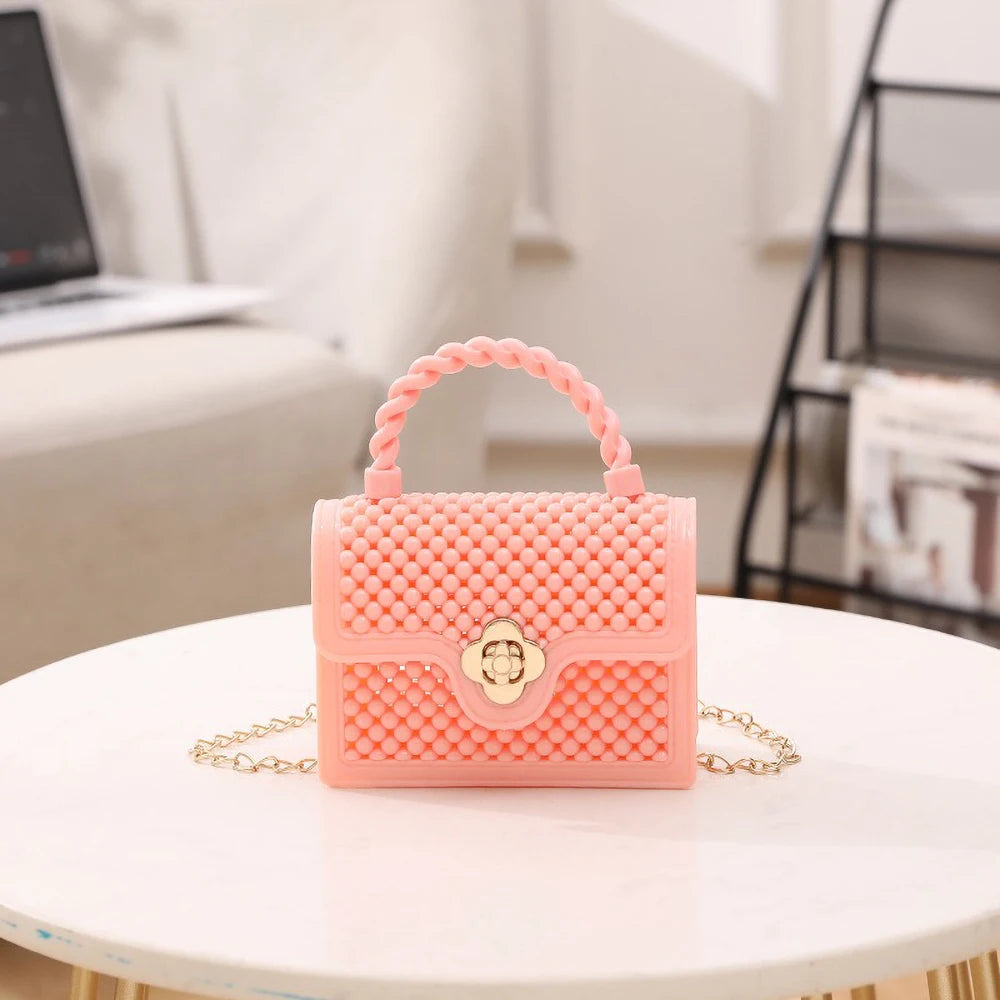 Trendy Red Jelly Shoulder Bag - Mini Fried Dough Twists Pattern Cute Handheld Purse with Metal Chain Strap for Women