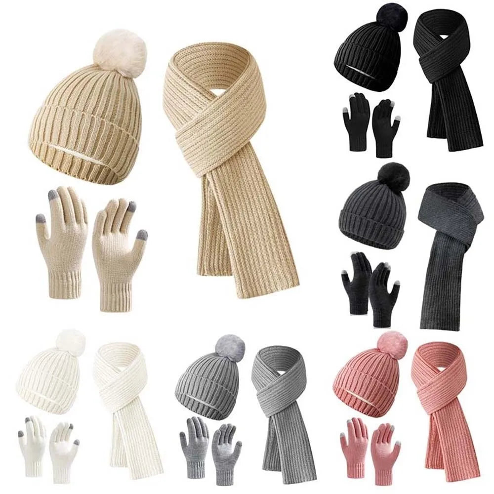 Beanies Cap Elastic Scarf and Hat Set Warmer Mittens Soft Cold Proof Gloves Acrylic Fibers Plush Ball Woolen Hat Daily