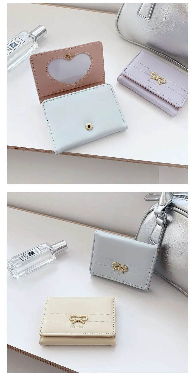 Fashion Wallets Girls Cute Bow Small Wallet Aesthetic Card Holder Classic Three Fold Purse For Women Student Simple Coin Pouch