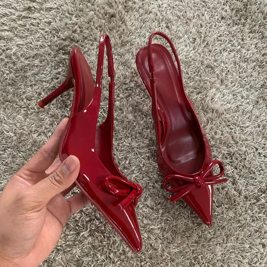 2025 New High Heels Women Weddings Bridal Shoes Bow Decoration Fashion Shallow Pointed Toe Elegant Slingbacks Ladies Pumps
