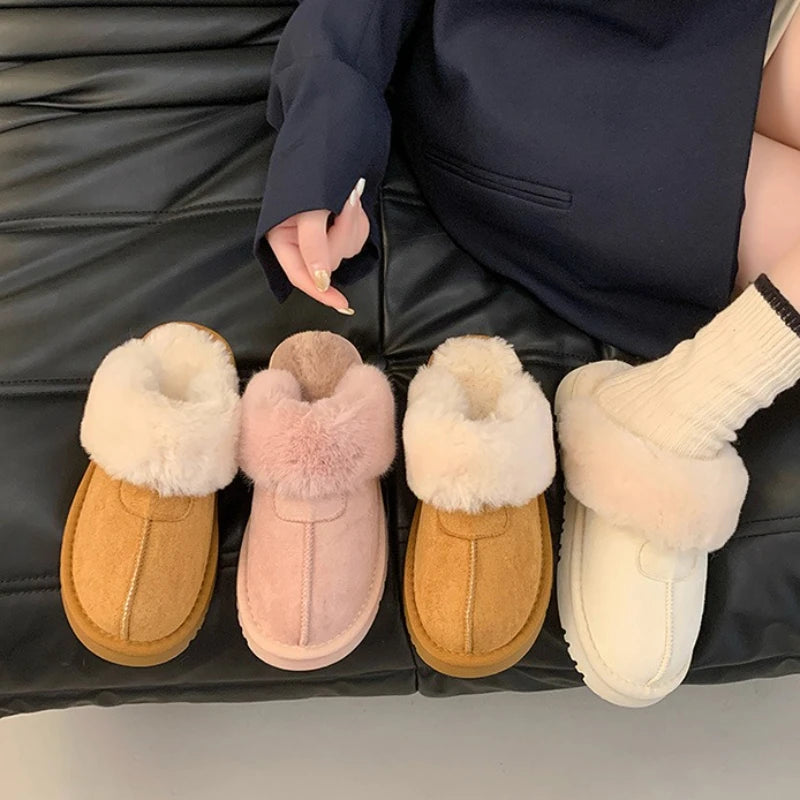 2025 New Furry Brand Designer Winter Fashion Round Toe Warm Women Ankle Boots Comfortable Shallow Slip-on Snow Boots Botas Mujer