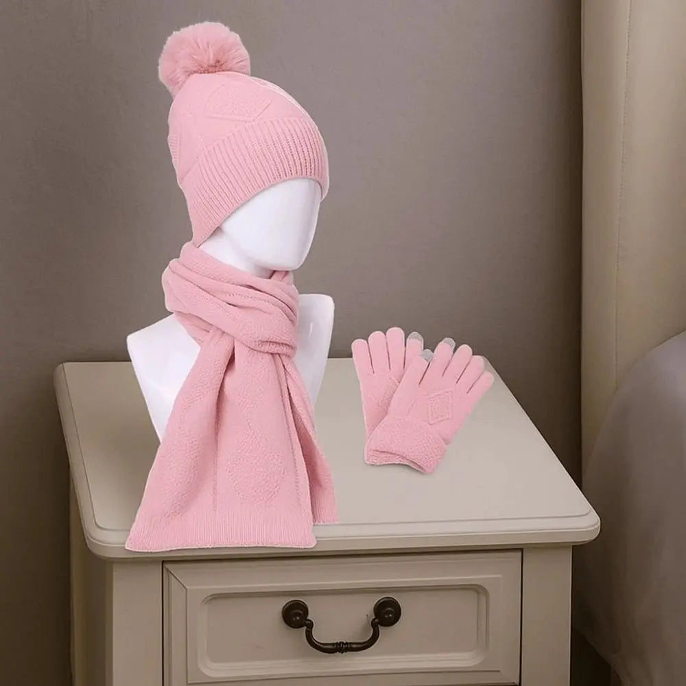 Beanies Cap Elastic Scarf and Hat Set Touch Screen Warm Cold Proof Gloves Ball Rhombus Patterned Knitted Scarf Women