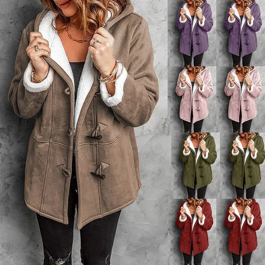 Coats Women Wool Thick Hooded Coat Pockets Single Breasted Full Sleeve Splice Jackets Warm Casual Blend Regular Autumn Winter