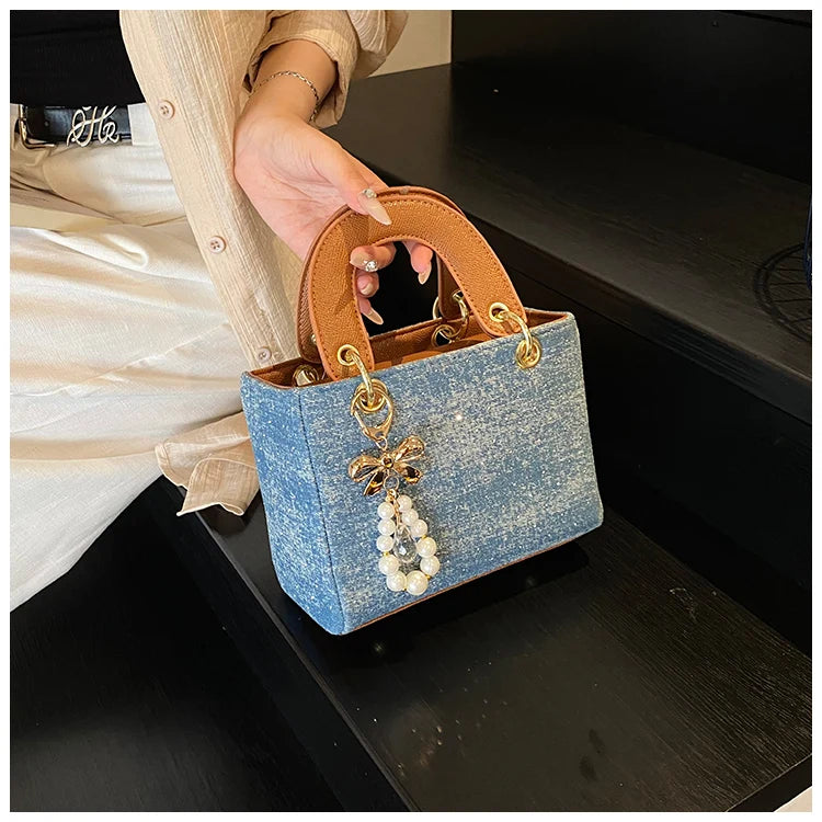 Women's Diamond Denim Clotch Handbag Korean Chic Retro Mini Single Shoulder Crossbody Bags Elegant Luxury Party Square Clutch