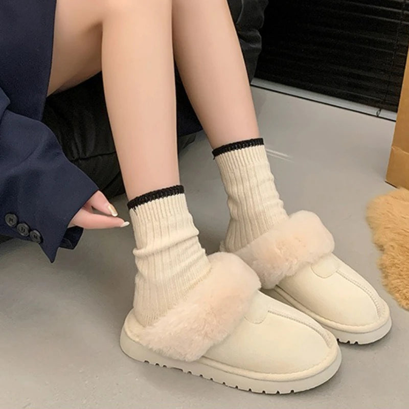2025 New Furry Brand Designer Winter Fashion Round Toe Warm Women Ankle Boots Comfortable Shallow Slip-on Snow Boots Botas Mujer