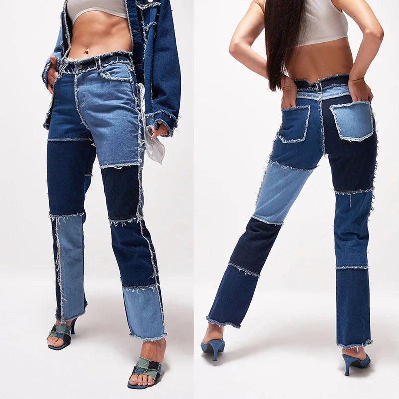 Jeans Women Straight Pants Patchwork Denim Trousers Splice Color Contrast Tassel PantsTrendy Fashion Streerwear Style Cool