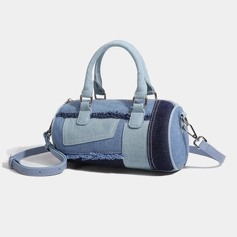 Cylindrical Boston Messenger Bags for Women Luxury Designer Handbag Purses 2024 New in Fashion Denim Splicing Shoulder Crossbody