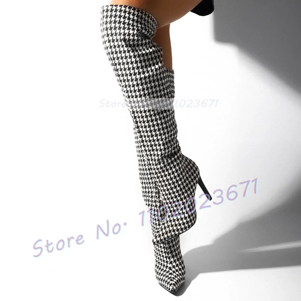Pink Gingham Knee High Boots Women Trend High Class Print High Heels Shoes Ladies Side-zip Casual Fashion Pointy Winter Boots