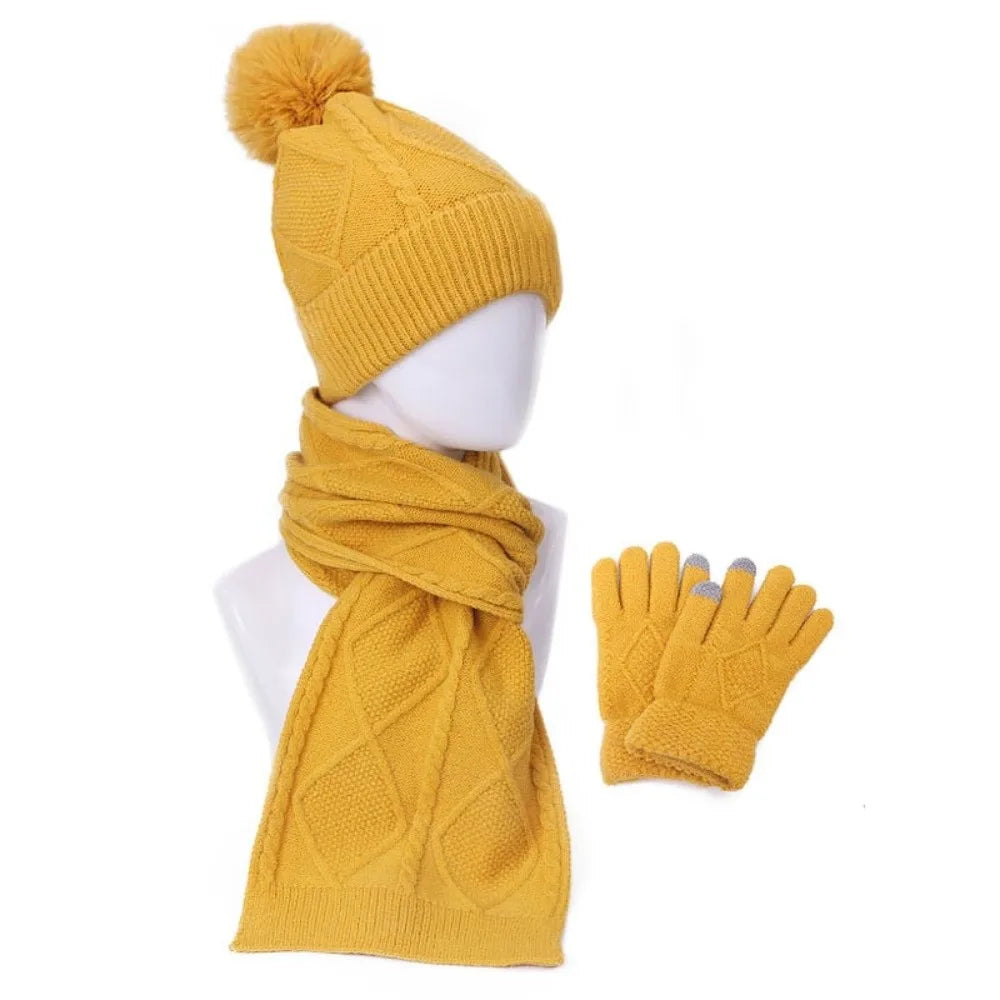 Beanies Cap Elastic Scarf and Hat Set Touch Screen Warm Cold Proof Gloves Ball Rhombus Patterned Knitted Scarf Women