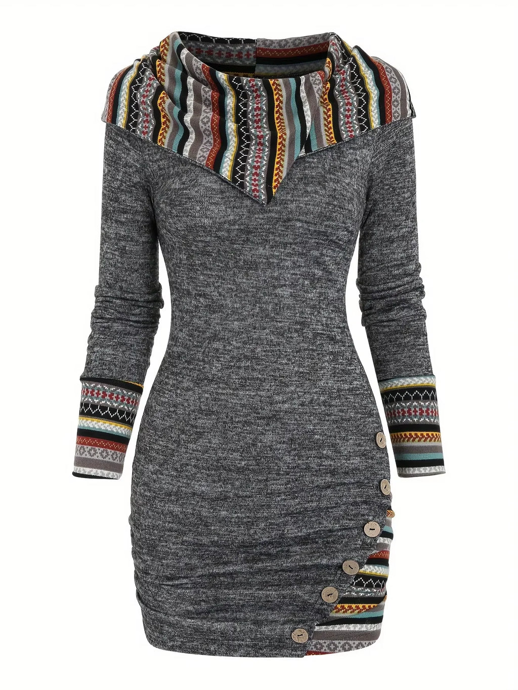 European and American explosions fashion women's ethnic style geometric stripe stitching hooded knitted long-sleeved tight dress