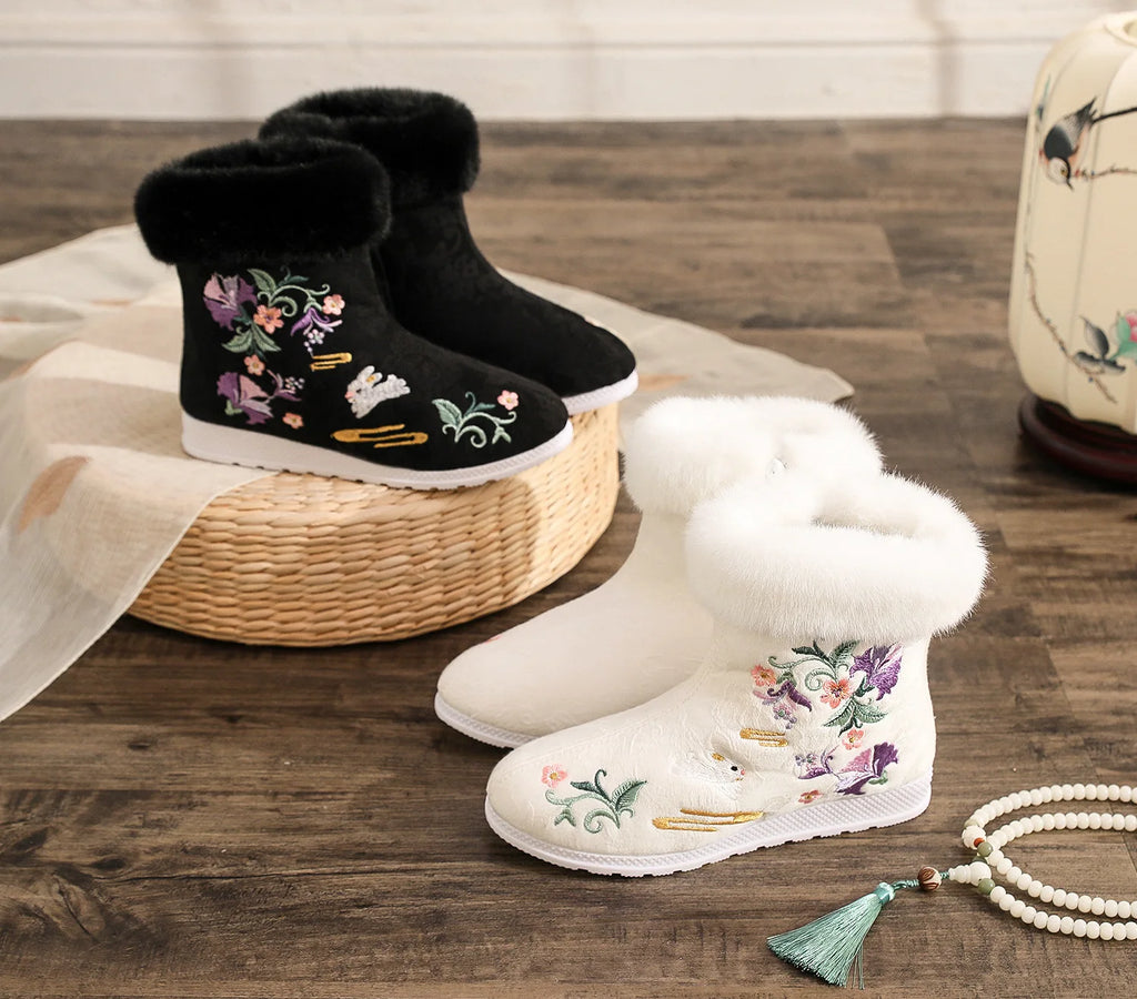 Fashion Winter Boots Women's Shoes Ethnic Style Embroidered Short Boots Women Warm Snow Shoes Female Antiquity Dance Flat Boot