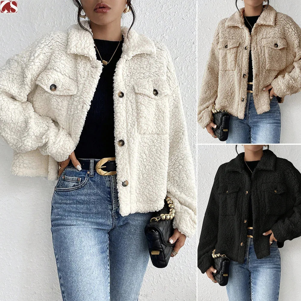 Casual Women's Coats Autumn And Winter Lapel Plush Jacket Short Women Jacket New Fashion White Pockets Tops Coat Streetwear