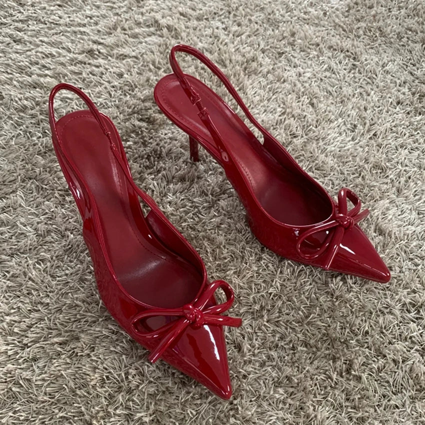 2025 New High Heels Women Weddings Bridal Shoes Bow Decoration Fashion Shallow Pointed Toe Elegant Slingbacks Ladies Pumps