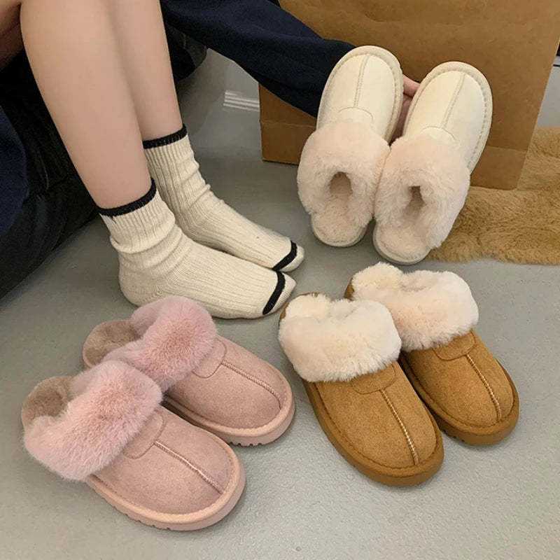 2025 New Furry Brand Designer Winter Fashion Round Toe Warm Women Ankle Boots Comfortable Shallow Slip-on Snow Boots Botas Mujer