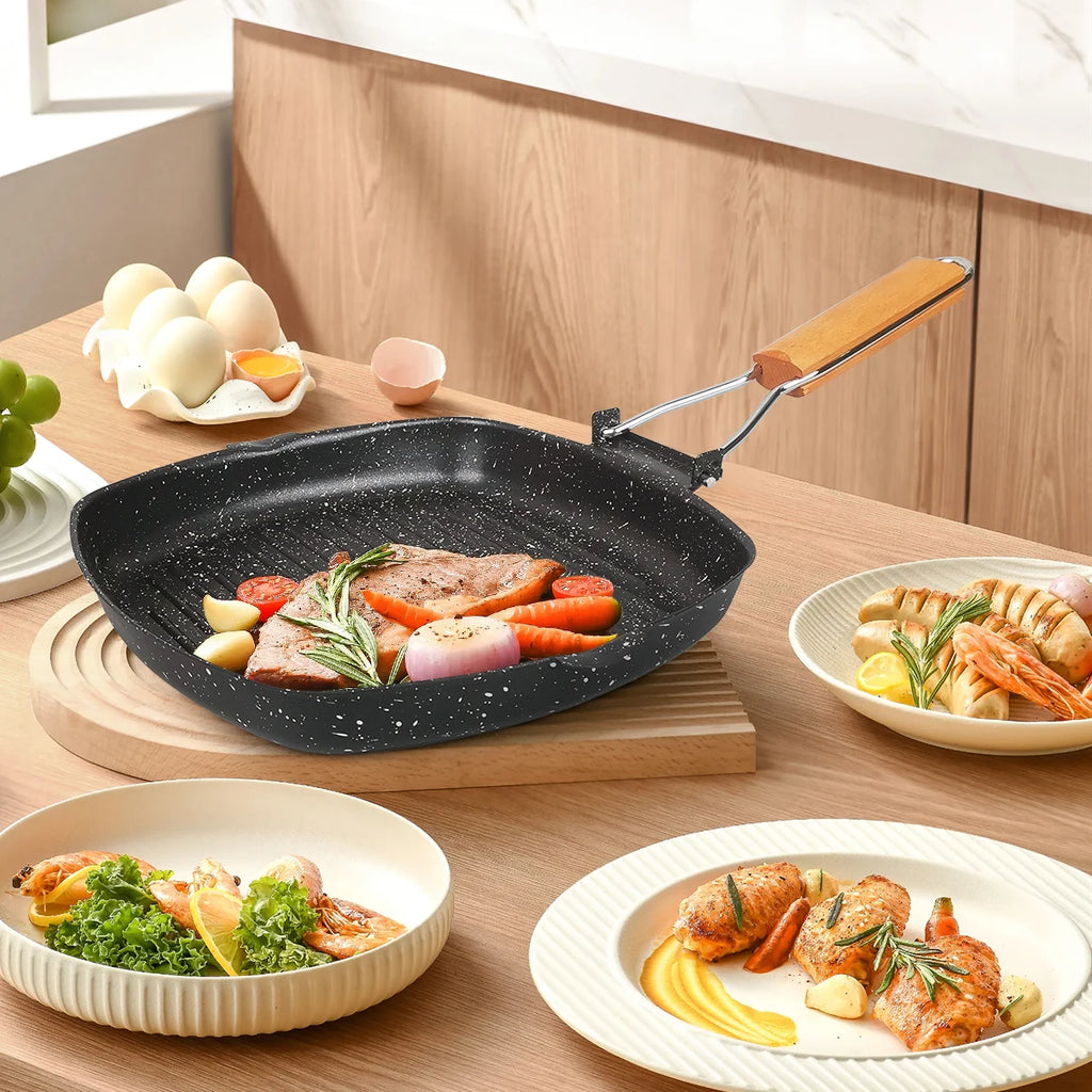 Foldable Portable Frying Pan Picnic Grill Pan Anti-scald Wooden Handle Outdoor Grill Pan Double Mouth Steak Pan