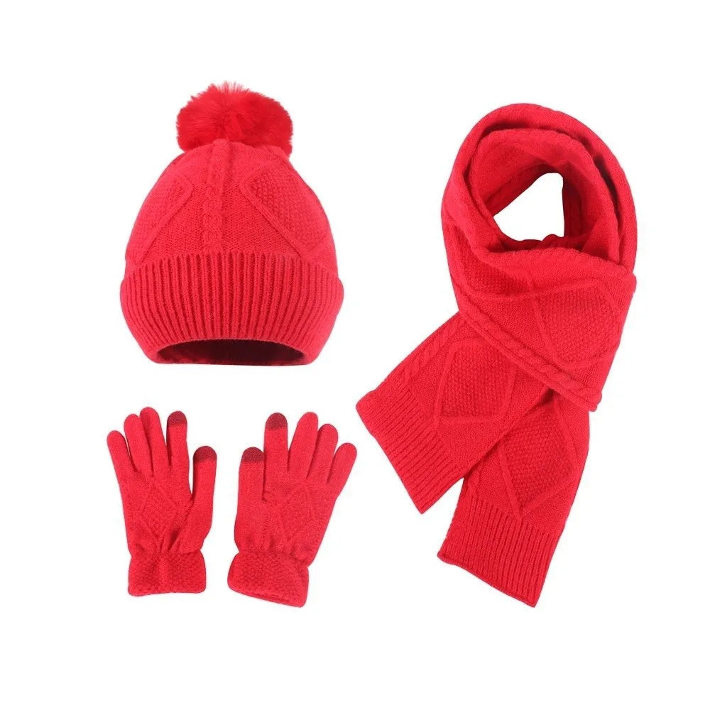 Beanies Cap Elastic Scarf and Hat Set Touch Screen Warm Cold Proof Gloves Ball Rhombus Patterned Knitted Scarf Women