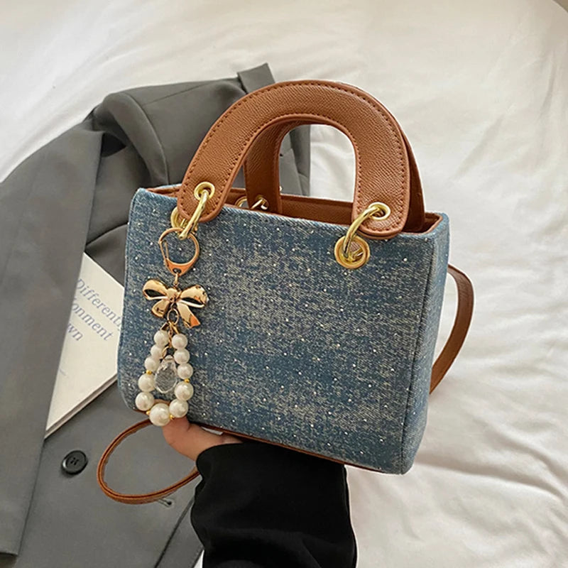 Women's Diamond Denim Clotch Handbag Korean Chic Retro Mini Single Shoulder Crossbody Bags Elegant Luxury Party Square Clutch