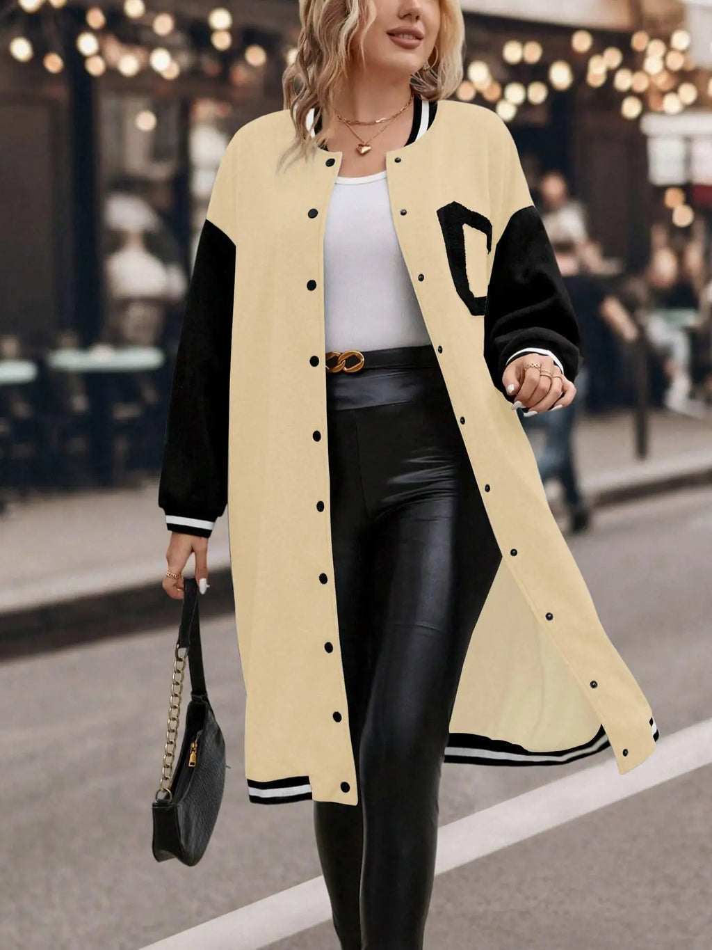 Plus Colorblock Letter Print Button Front Drop Shoulder Midi Varsity Jacket, Casual Contrast Binding Long Sleeve Baseball Collar