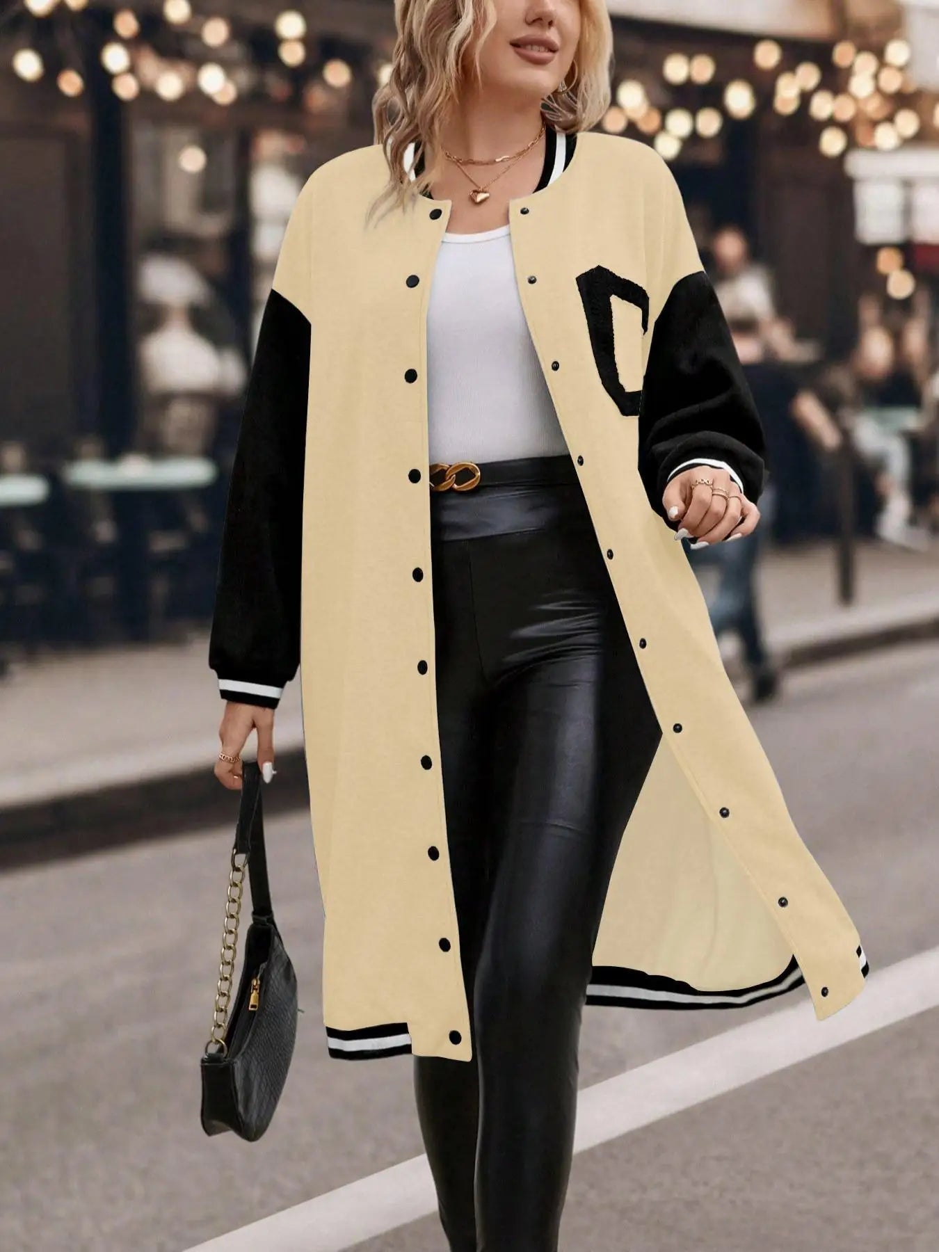 Plus Colorblock Letter Print Button Front Drop Shoulder Midi Varsity Jacket, Casual Contrast Binding Long Sleeve Baseball Collar