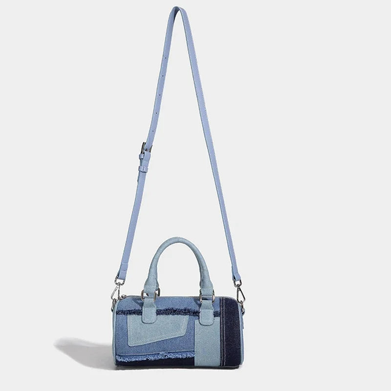 Cylindrical Boston Messenger Bags for Women Luxury Designer Handbag Purses 2024 New in Fashion Denim Splicing Shoulder Crossbody