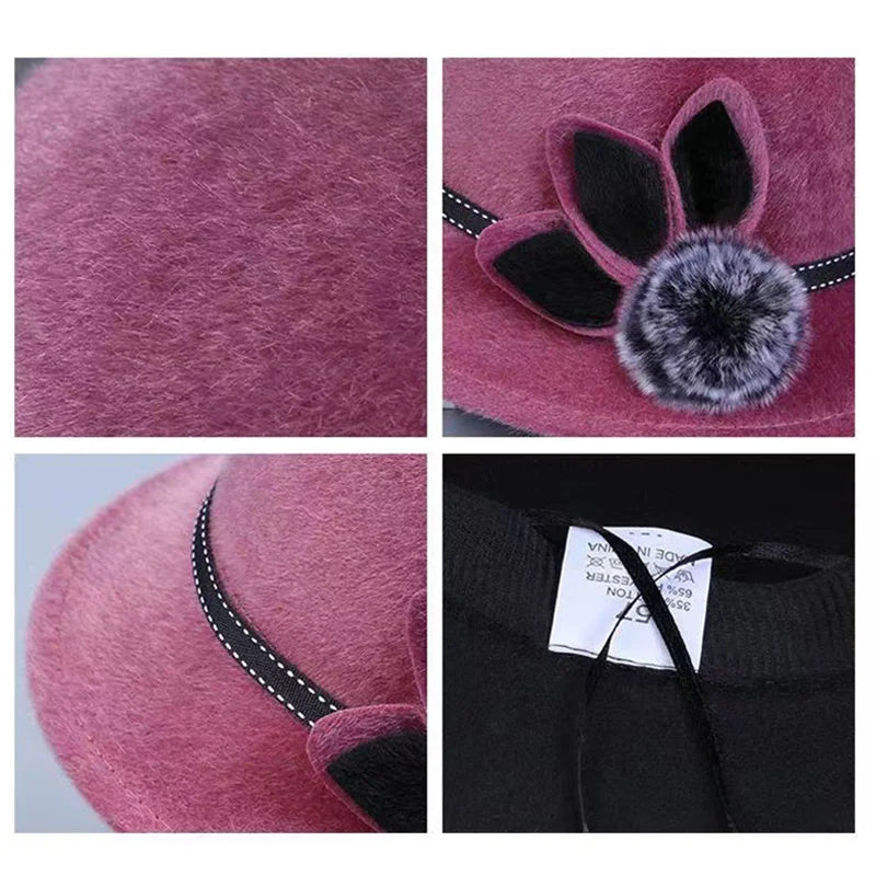 Fedoras Cap Jazz Cap Women Pompom Dome Hat Bowler Dome Wool Hat Vintage Elegant Wool Ladies Church Hat Winter Autumn Warm Cap