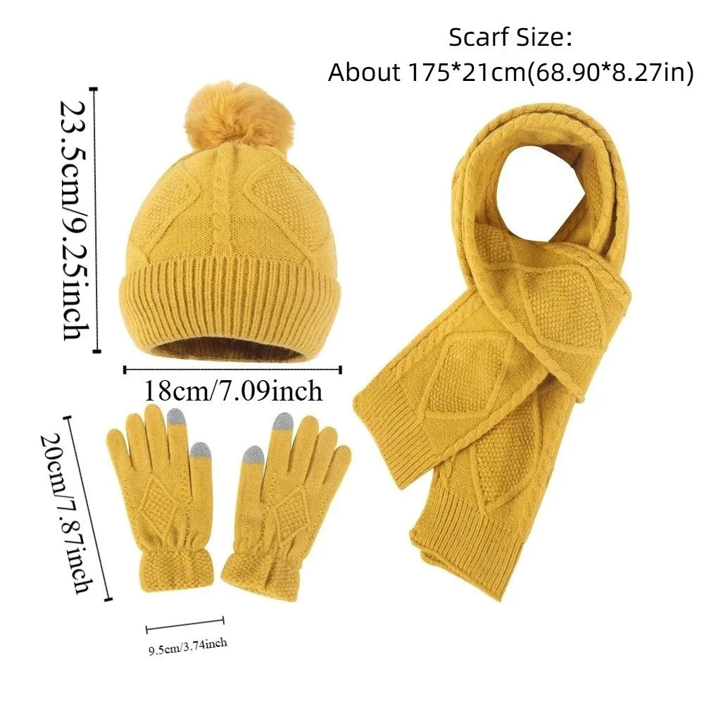 Beanies Cap Elastic Scarf and Hat Set Touch Screen Warm Cold Proof Gloves Ball Rhombus Patterned Knitted Scarf Women