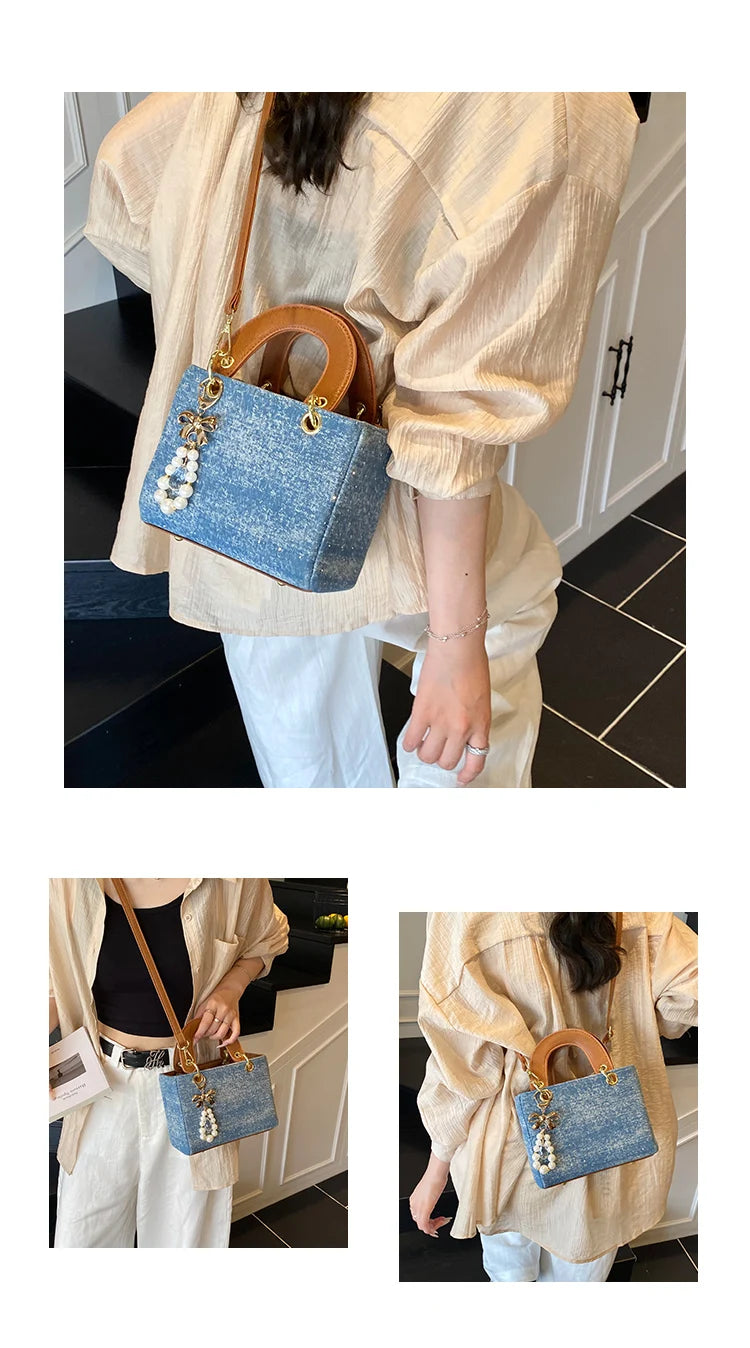 Women's Diamond Denim Clotch Handbag Korean Chic Retro Mini Single Shoulder Crossbody Bags Elegant Luxury Party Square Clutch